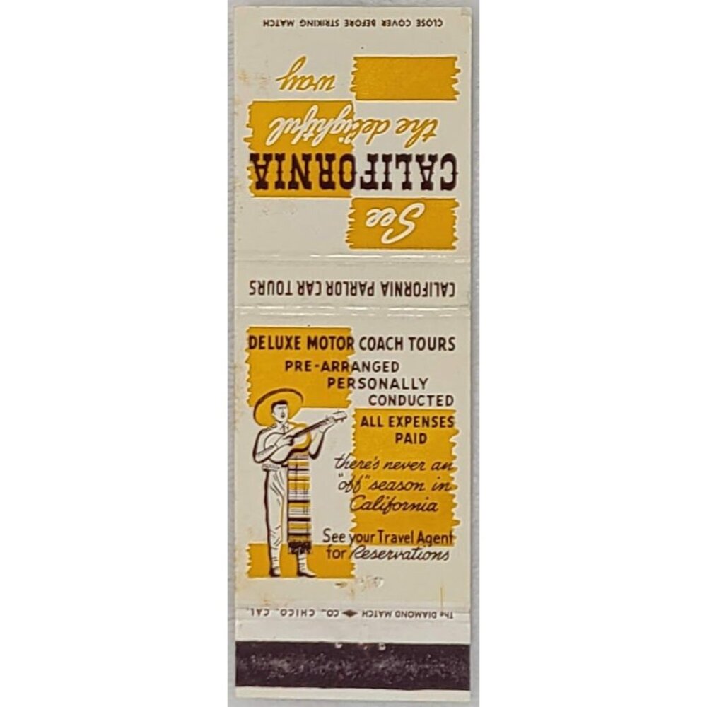 Front Strike Matchbook Cover See California Deluxe Coach Tours Travel Promo - Picture 2 of 5